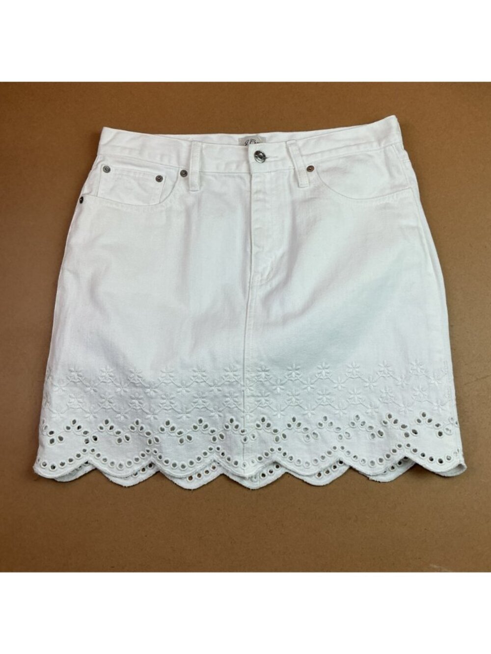 J.Crew White Denim Mini Skirt With Embroidered Eyelet Hem Size 28 - Picture 2 of 9